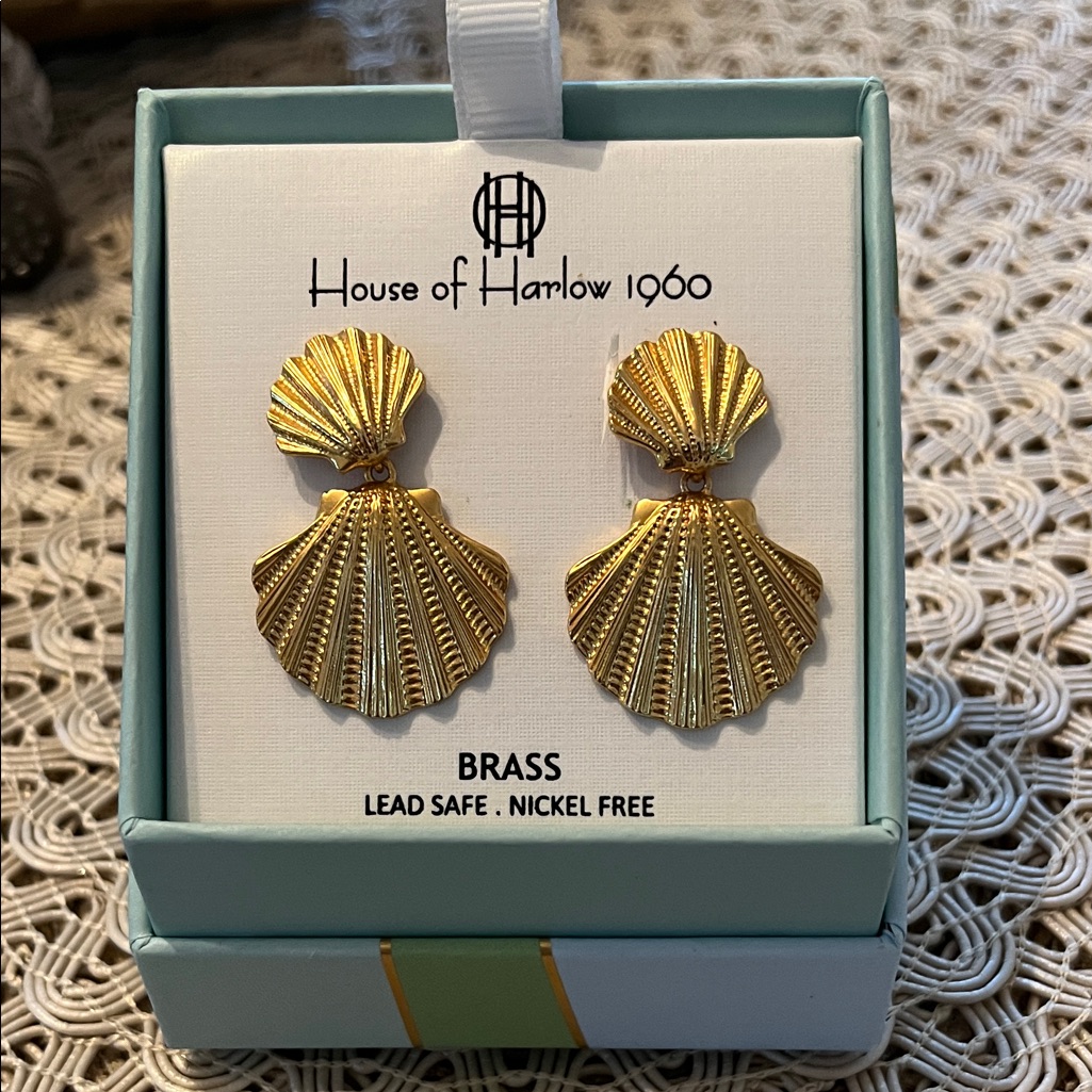 House Of Harlow 1960 Brass Shell Earrings Nwt In Box 21$